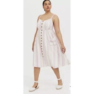 Torrid Striped Button Front Midi Dress Size 4 (26/28) Pink White Linen Blend NWT